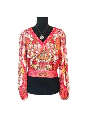 A PEACH ~ Vibrant Pink Paisley Floral Long Sleeve Backless V-Neck Top size S